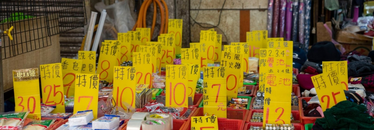 Market stall with price tags on every product
