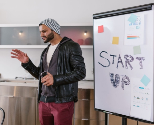 Entrepreneur presenting a start-up plan on a whiteboard while preparing for government funding